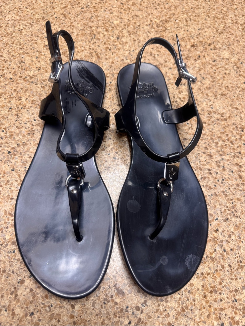 Coach Women's Black T-Strap Jelly Sandals with Ankle Buckle